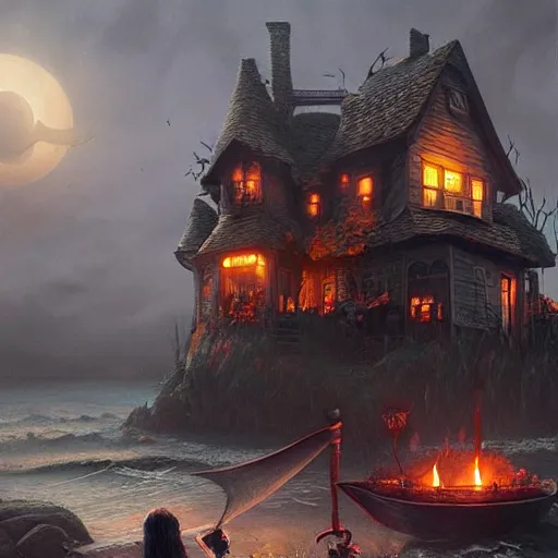 Image similar to a scary witch on a broom in front of a witch house which is made out of candy, floating on the ocean, epic scene, fantasy, cinematic, hyper - detailed, in the style of greg rutkowski