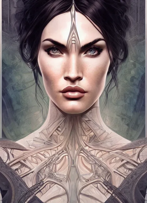 Image similar to symmetry!! megan fox, machine parts embedded into face, intricate, elegant, highly detailed, digital painting, artstation, concept art, smooth, sharp focus, illustration, art by artgerm and greg rutkowski and alphonse mucha, 8 k