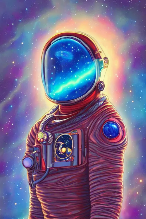 Image similar to portrait of jewel djinn astronaut with nebula background in the style of Rob Lefield and Dan Mumford , trending on artstation, digital art,surrealism ,macro,blueprint ,vaporwave ,