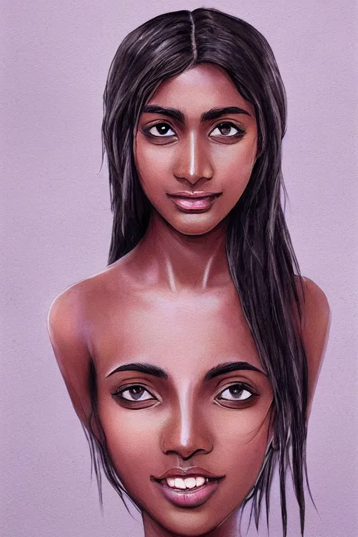 Image similar to A bust of a beautiful black skinned Sri Lankan girl with smiling lips and smooth eyebrows and straight hair, HD, illustration, epic, fantasy, intricate, elegant, amazing detail, digital painting, artstation, concept art, smooth, sharp focus, illustration, art by Turine Tran