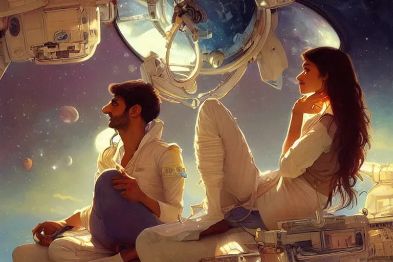 Image similar to Sensual good looking pale young Indian doctors wearing jeans in a space station above Earth, portrait, elegant, intricate, digital painting, artstation, concept art, smooth, sharp focus, illustration, art by artgerm and greg rutkowski and alphonse mucha