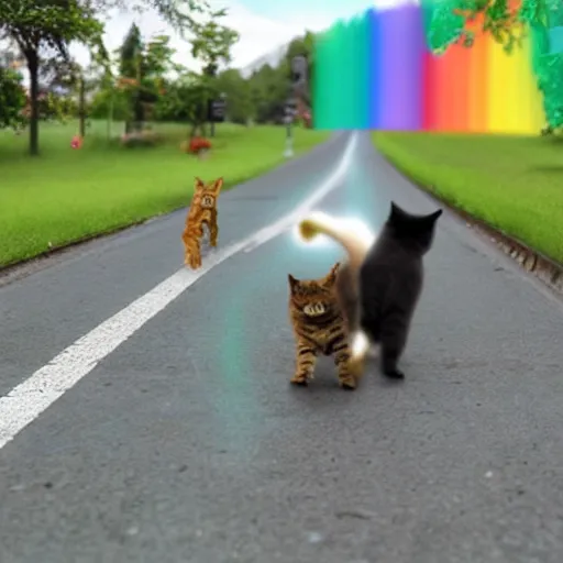 Image similar to cats cycling on the mariocart rainbow track