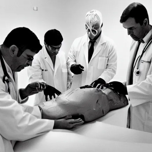 Image similar to doctors performing an autopsy on a dead alien in a white room, black and white photo