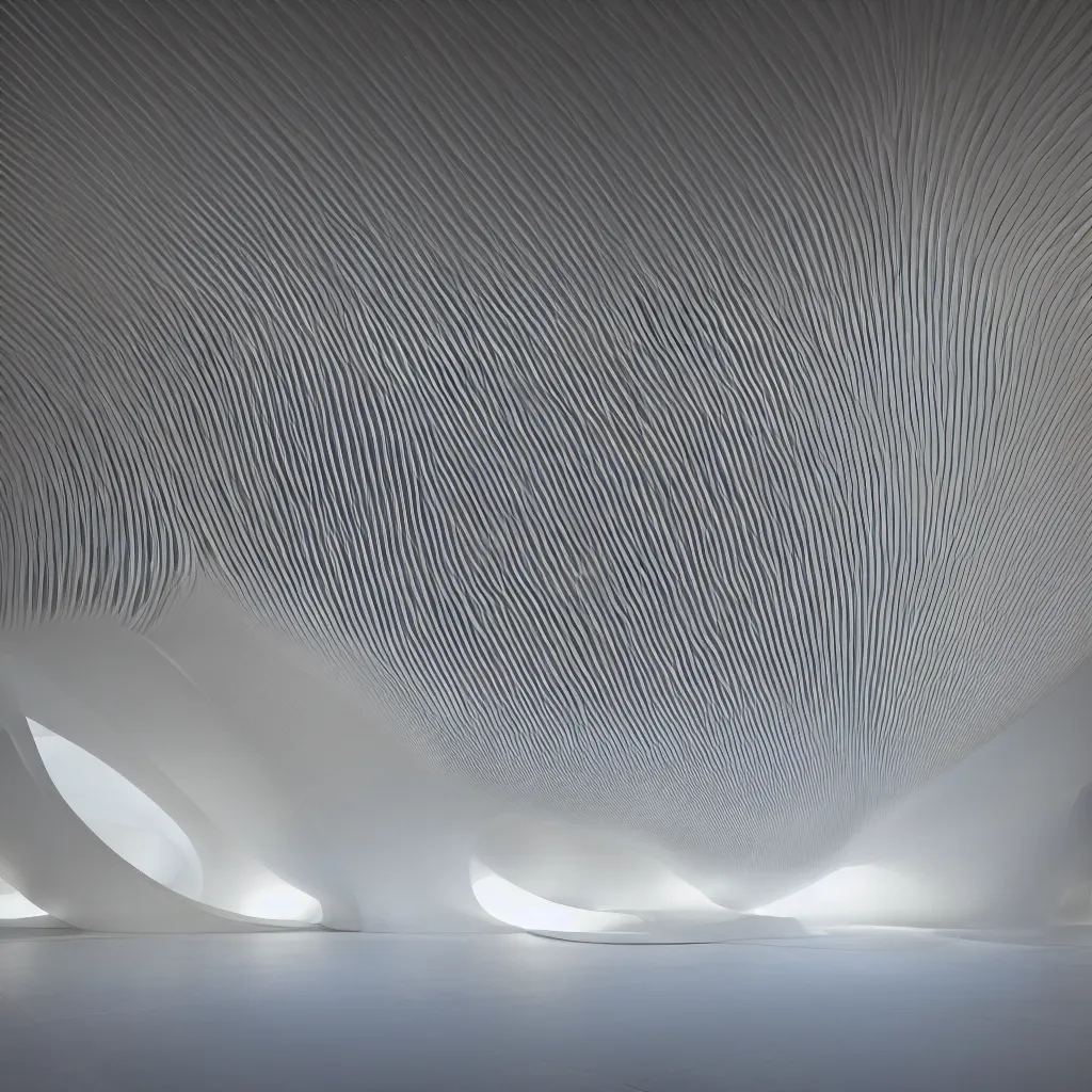 Prompt: an incredibly smooth curvilinear parametric volumetric interior architectural sculpture, a reflective golden pool on the ground is envelope by folding white surfaces, blue light, visually satisfying architecture render