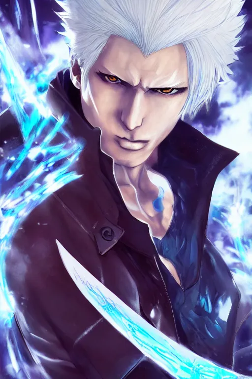 Image similar to beautiful anime art of Vergil from devil may cry by WLOP, rossdraws, Logan Cure, Mingchen Shen, BangkuART, sakimichan, yan gisuka, JeonSeok Lee, zeronis, Chengwei Pan on artstation