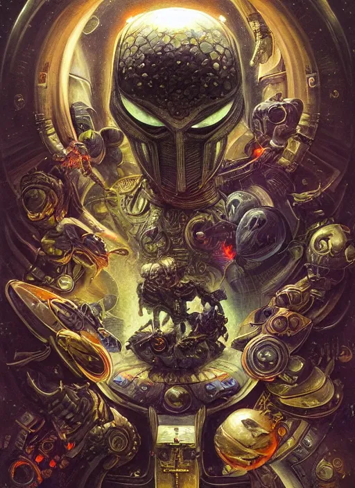 Prompt: spaceship mf doom reptile eyes, cosmic lsd poster art, intricate, elegant, highly detailed, centered, digital painting, artstation, concept art, smooth, sharp focus, illustration, artgerm, tomasz alen kopera, peter mohrbacher, donato giancola, joseph christian leyendecker, wlop, frank frazetta