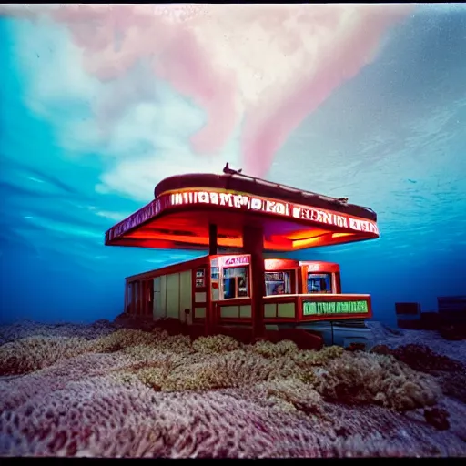 Image similar to dreamlike film photography of a 1920s wooden gas station at night underwater in front of colourful underwater clouds by Kim Keever. In the foreground floats a seasnake. low shutter speed, 35mm