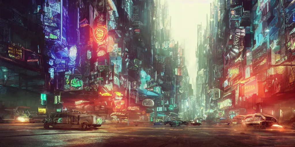 Image similar to a guatemalan crowded cyberpunk city with the fifth element vibe with neon ads and signs with evocative dramatic mood with blade runner vibe with cars and floating vehicles with motion blur with depth of field with bloom with lightshaft with volumetric lights, fog, by jeremy mann, oscar winning graphics, photo realistic, bloom, imax, dynamic lighting, artstation,