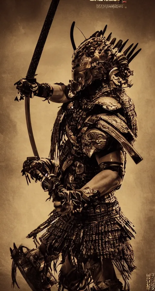 Image similar to movie film poster art for hiroyuki sanada as samurai verses predator. in the style of ansel adams, frank frazzetta, realistic, detailed, octane