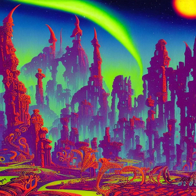 Image similar to psychedelic eternal aurora radiating over desolate ancient ruins, bright neon colors, highly detailed, cinematic, eyvind earle, tim white, philippe druillet, roger dean, lisa frank, aubrey beardsley