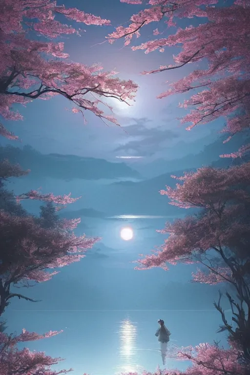 Image similar to a distant sakura tree on a lake, viewed from afar, stephen bliss, misty, unreal engine, fantasy art by greg rutkowski, loish, rhads, ferdinand knab, makoto shinkai and lois van baarle, ilya kuvshinov, rossdraws, tom bagshaw, global illumination, radiant light, minimalist, illustration, detailed and intricate environment