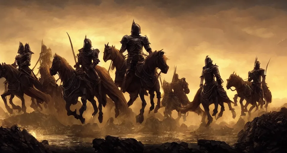 Image similar to Group of fantasy knights mounted on armored warhorses . Scenic view sunset , underexposed, clean horizon, matte painting by craig mullins and dan mumford, cinematic, high fantasy, style of game of thrones, concept art trending on artstation, 4k, insane details