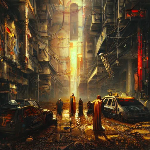 Image similar to beautiful detailed religious oil painting of robotic saints in an urban cyberpunk wasteland