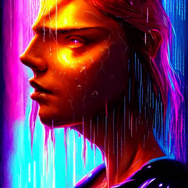 Image similar to bright asthetic portrait LSD glowing backlit rain on face and wet hair, cyberpunk, overhead lighting, fantasy, intricate, elegant, dramatic lighting, highly detailed, lifelike, photorealistic, digital painting, artstation, illustration, concept art, smooth, sharp focus, art by John Collier and Albert Aublet and Krenz Cushart and Artem Demura and Alphonse Mucha