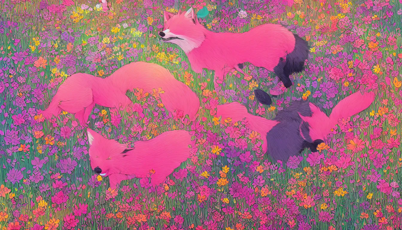 Image similar to pink fox head popping out of a field of multi colored flowers by kilian eng, victo ngai, josan gonzalez