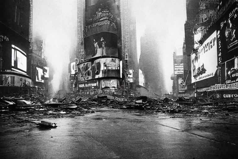 Image similar to dark photo of an destroyed times square after a nuclear attack, thunderstorm, pictorialism, desolate