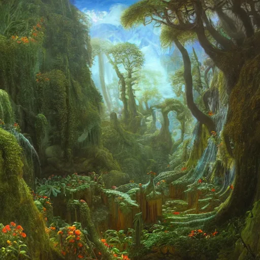 Prompt: a beautiful and highly ocd detailed matte painting of a magical garden of delights in a mystical forest in a dream like valley deep in the magical mountains of avalon, intricate details, epic scale, insanely complex, 8 k, sharp focus, hyperrealism, very realistic, by caspar friedrich, albert bierstadt, james gurney, brian froud,