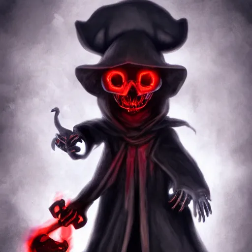 Prompt: photo of an anthropomorphic rat, ghostly anthropomorphic rat with skull face and glowing red eyes wearing black tattered robes and holding two blue flames, grim reaper except a rat, photorealistic, artstation