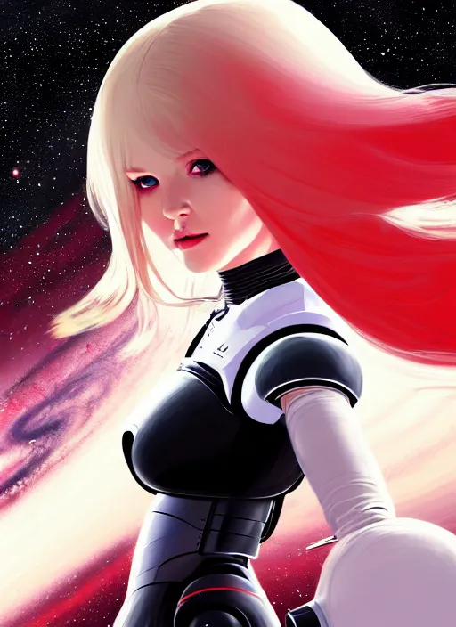 Prompt: highly detailed portrait of a hopeful pretty astronaut lady with a wavy blonde hair, by John Berkey , 4k resolution, nier:automata inspired, bravely default inspired, vibrant but dreary but upflifting red, black and white color scheme!!! ((Space nebula background))