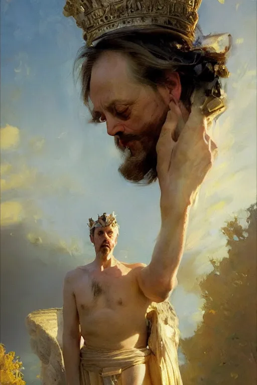 Image similar to beautiful impressionistic oil painting portrait of ancient roman god emperor steve buscemi ascending wearing the civic crown levitating in religious pose, art by anders zorn, wonderful masterpiece by greg rutkowski, expressive brush strokes, beautiful cinematic light, american romanticism by greg manchess, jessica rossier