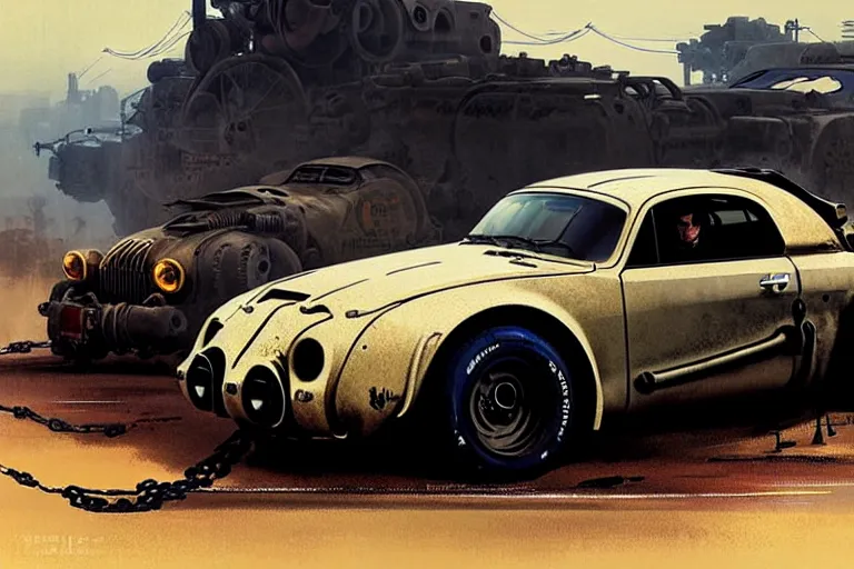 Image similar to dieselpunk mad max's 4 wd alpine a 1 1 0, painted by greg rutkowski makoto shinkai takashi takeuchi studio ghibli, akihiko yoshida