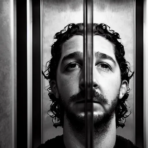 Prompt: A terrifying portrait of Shia Labeouf in an elevator, extreme horror movie, dark, moody, sci-fi, steam, smoke, atmospheric, 4K render, sharp, Octane