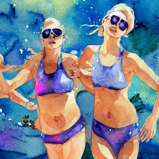 Image similar to on jupiter's moon, beach volleyball babes, botanic watercolors, iridescent, 8 k wide angle, realistic shaded, fine details, artstation, italian, oak tree, hydrangea, fun, party atmosphere