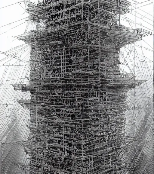 Prompt: tarkovsky scene, epic ancient tower of babylon below a woman in transparent cyber clothing, hyperrealistic, blame manga, full color, manga style, by tsutomu nihei, cyber architecture, intricate, concept art, hyper - detailed, smooth, masterpiece, epic, cinematic, high quality