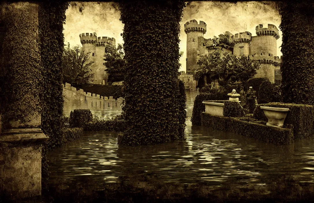 Prompt: combine two traditional themes historic floods aerial sequestered corner of a garden within a castle walls intact flawless ambrotype from 4 k criterion collection remastered cinematography gory horror film, ominous lighting, evil theme wow photo realistic postprocessing pattern is based on classical sarcophagi painting by claude gellee