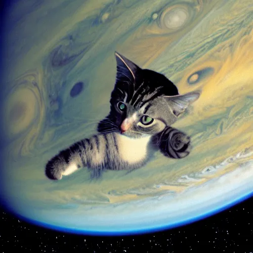 Prompt: cat with astronaut suit flying over the jupiter, photo