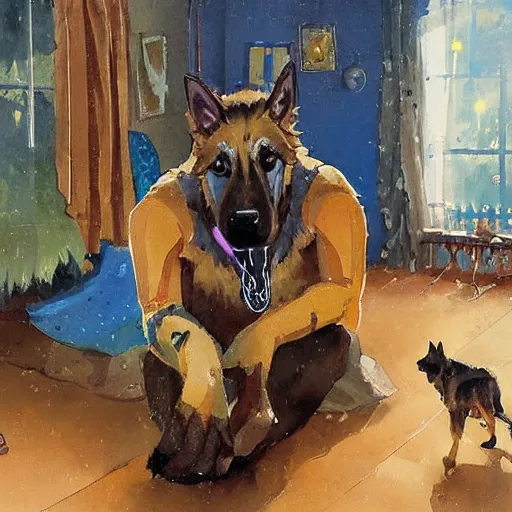 Image similar to a humanoid german shepherd beast - man, sitting and watching a soccer match in his house on television, he has hurt his knee and is a dad, by erin hanson, alexi zaitsev, karl spitzweg, award winning, tv set