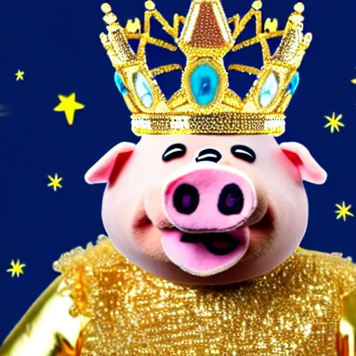 Image similar to full body zoomed out photo of pig king wearing a gold crown depicted as a muppet