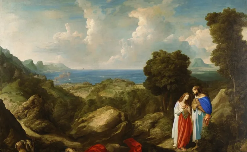 Image similar to jesus and mary magdalene standing on a cliff looking over a beautiful landscape, paradise, arcadia