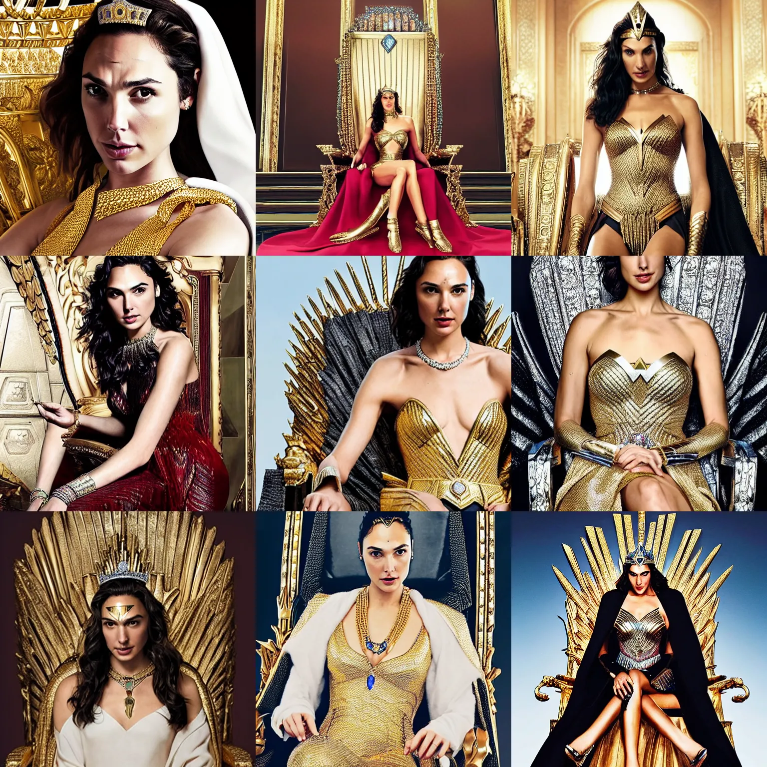 Prompt: photo of gal gadot sitting on queens throne royalty wearing royal mantle gold jewelry diamonds pearls jewels by alex ross