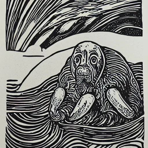 Prompt: freya the walrus in heaven, linocut