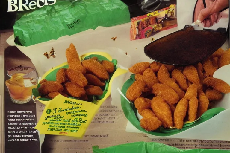 Prompt: mcdonald's fried bees with green spice meal, in 1 9 9 5, y 2 k cybercore, advertisement photo