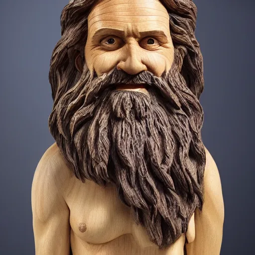 Prompt: a flawless, purely wood sculpture of a man with long hair, with trimmed beard, smiling widely. wood statue, extremely detailed, award-winning art, trending on Artstation