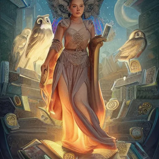 Prompt: a portrait of a older anya taylor - joy as the goddess minerva surrounded by stacks of books, owls, bioluminescent gown with deep level of detail of esoteric symbols, urban motifs, intricate, elegant, highly detailed, digital painting, trending on artstation, smooth sharp focus, illustration, art by artgerm and greg rutkowski