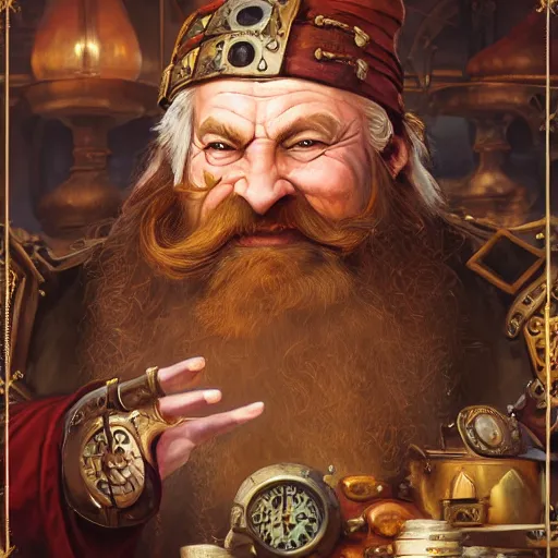 Prompt: Dwarven merchant with a long red flowing beard with Steampunk accessories, 4k oil on linen by wlop, artgerm, andrei riabovitchev, nuri iyem, james gurney, james jean, greg rutkowski, highly detailed, soft lighting 8k resolution