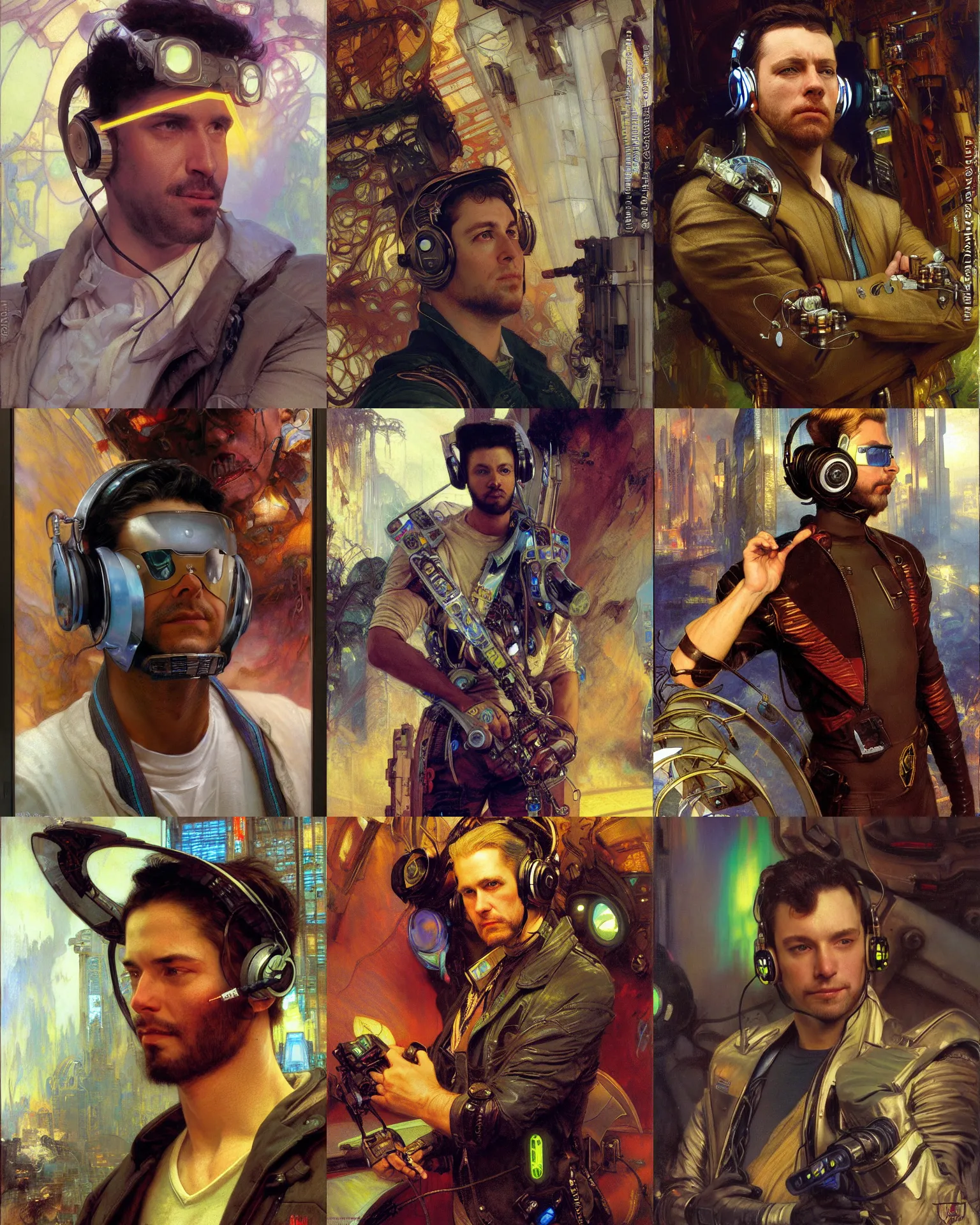 Prompt: cyberpunk male portrait wearing geordi visor and headphones painting bydonato giancola, thomas moran, john berkey, j. c. leyendecker, alphonse mucha