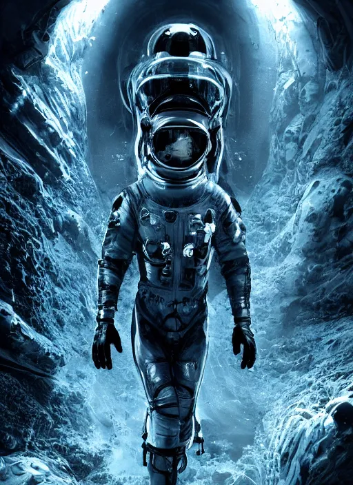 Prompt: astronaut in dark void underwater - complex and hyperdetailed suit. reflection and dispersion materials. rays and dispersion of light. glowing lights. volumetric light. f / 3 2. noise film photo. flash photography. ultra realistic, wide angle. poster by wayne barlowe, hajime sorayama aaron horkey, craig mullins