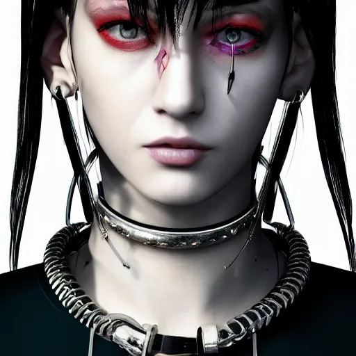 Image similar to detailed realistic cyberpunk female character cyberpunk wearing steel collar around neck, realistic, art, beautiful, 4K, collar, choker, collar around neck, punk, artstation, detailed, female, woman, choker, cyberpunk, neon, punk, collar, choker, collar around neck, thick collar, choker around neck, wearing choker, wearing collar, bright neon punk hair,