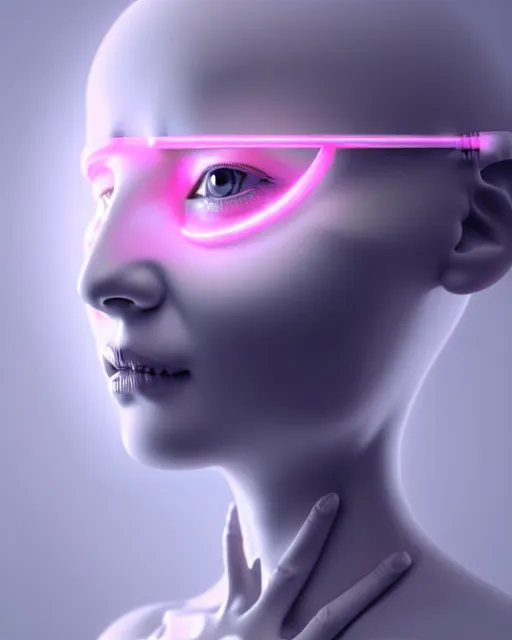 Image similar to white background, halo, dreamy foggy elegant soft luminous profile face 3 d render of a beautiful young baby pink biomechanical - female - cyborg with a delicate detailed black mandelbrot fractal texture skin and a very long neck with white gothic pearl embroidered collar, white smoke atmosphere, hg giger, 8 k