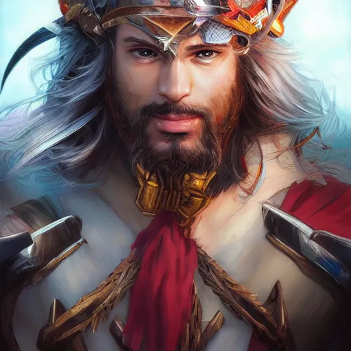 Prompt: semi realistic anime illustration of dalauan sparrow as a god of thunder, with beautiful hyperdetailed eyes, facing camera directly, full face portrait made by Stanley Artgerm, WLOP, Rossdraws, James Jean Andrei Riabovitchev, Marc Simonetti, Yoshitaka Amano, Artstation