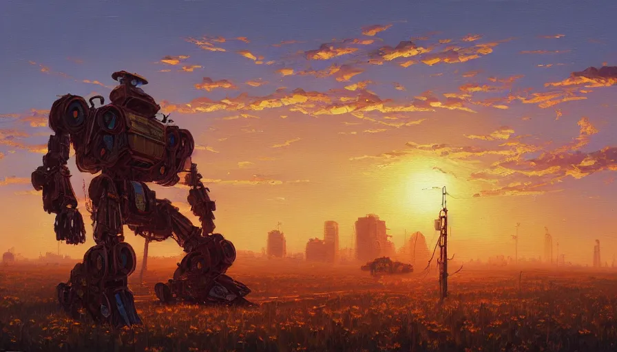 Prompt: an intricate oil painting of a giant scrap metal anime mecha with by simon stalenhag, golden hour