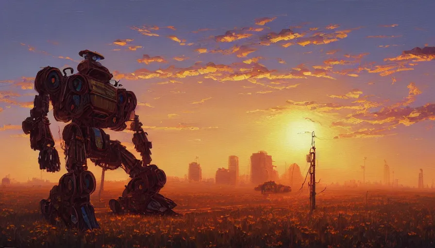 Image similar to an intricate oil painting of a giant scrap metal anime mecha with by simon stalenhag, golden hour