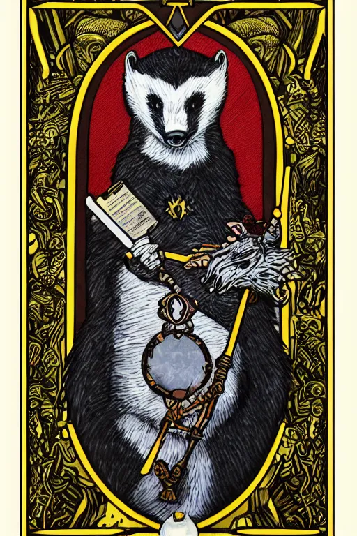 Prompt: tarot card illustration of the card the badger hierophant, framed in an elaborate rectangular border, tarot card, detailed illustration, badgers, furry art, artstation, 4 k
