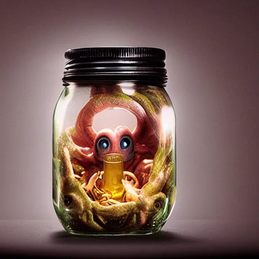 Image similar to cute monster in a jar by Greg Rutkowski, product photography, centered, studio lightning