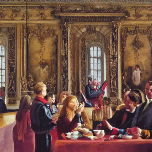 Image similar to people drinking red wine named roi soleil in versailles castle, realistic painting