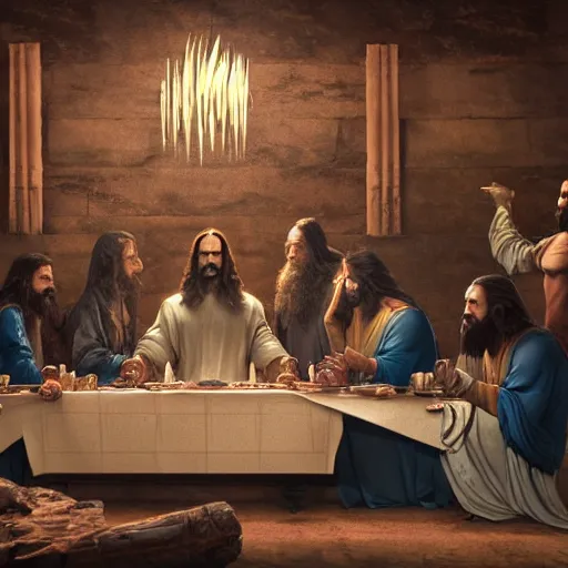 Image similar to professional physically based octane render of Wolverine as Jesus at the Last Supper, character concept art, epic composition, style of Marvel, 8k comic art, intricately detailed